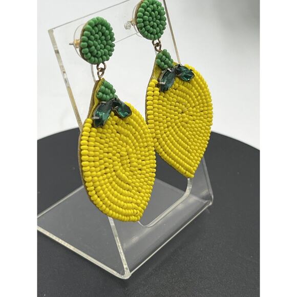 Lemon Hand Made Yellow Green Seed Beads Dangle Pierced Green Rhinestone Earrings - Picture 3 of 9